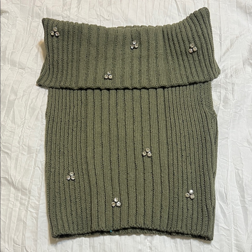 Zara Olive Ribbed Knit Top with Sparkling Details